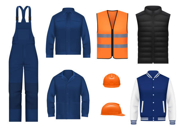 Workwear uniform and worker clothes, vector realistic safety jackets and overall vests. Work wear clothing suits and outfit garments for construction and builders, hardhat helmet and pants mockups